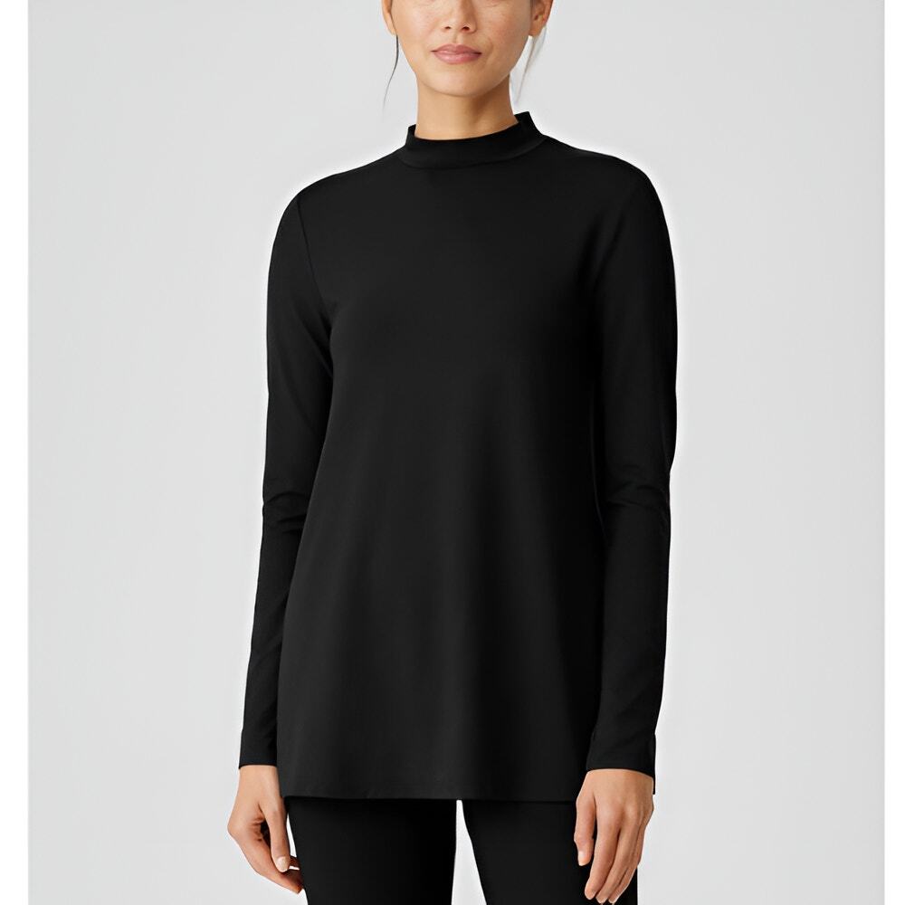Eileen Fisher Womens Stretch Jersey Knit Mock Neck Long Sleeve Top XXS‎ Black